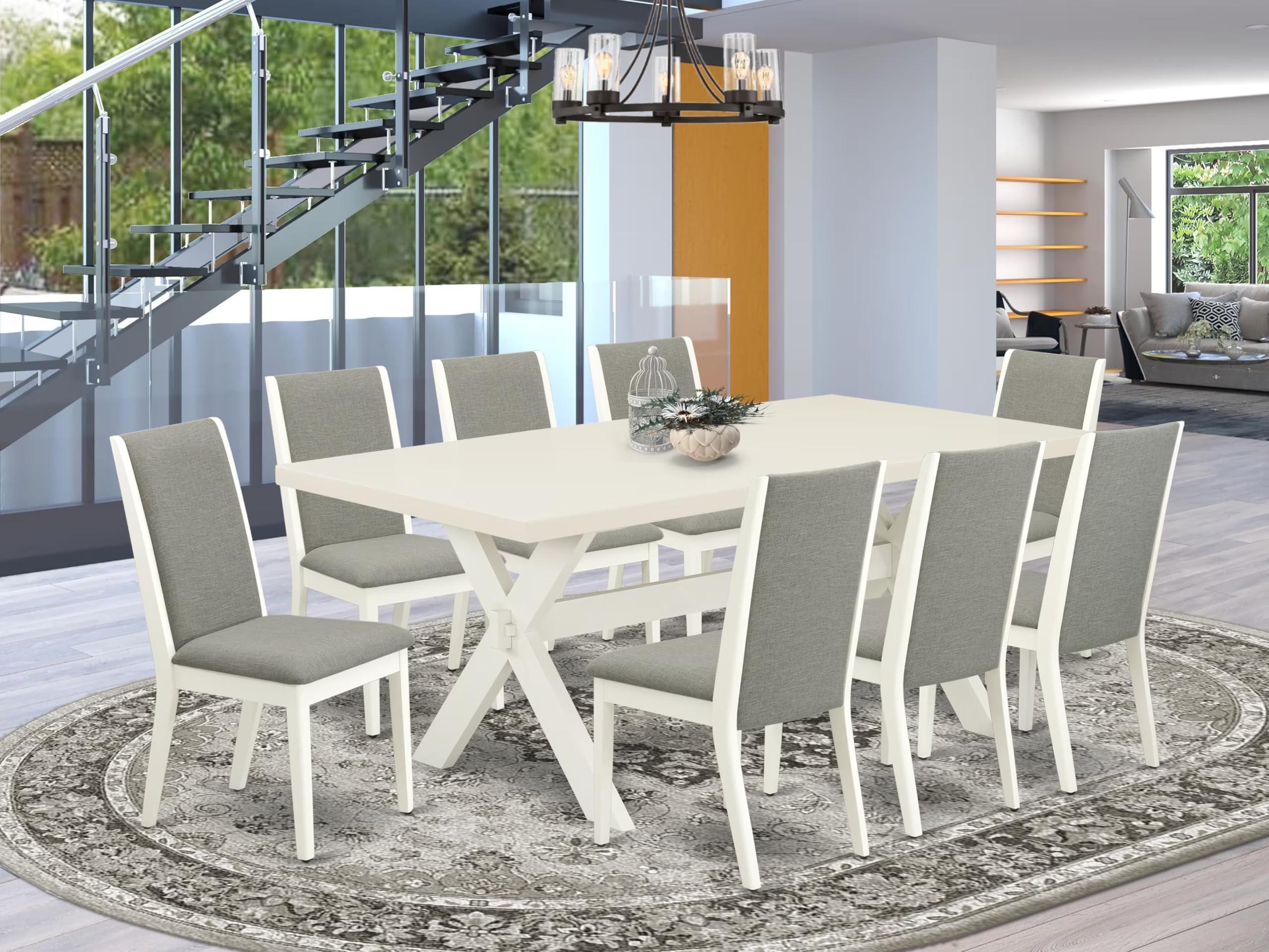 East West Furniture X027La206-9 9 Piece Dining Room Table Set Includes A Rectangle Dining Table With X-Legs And 8 Shitake Linen Fabric Upholstered Chairs, 40X72 Inch, Multi-Color